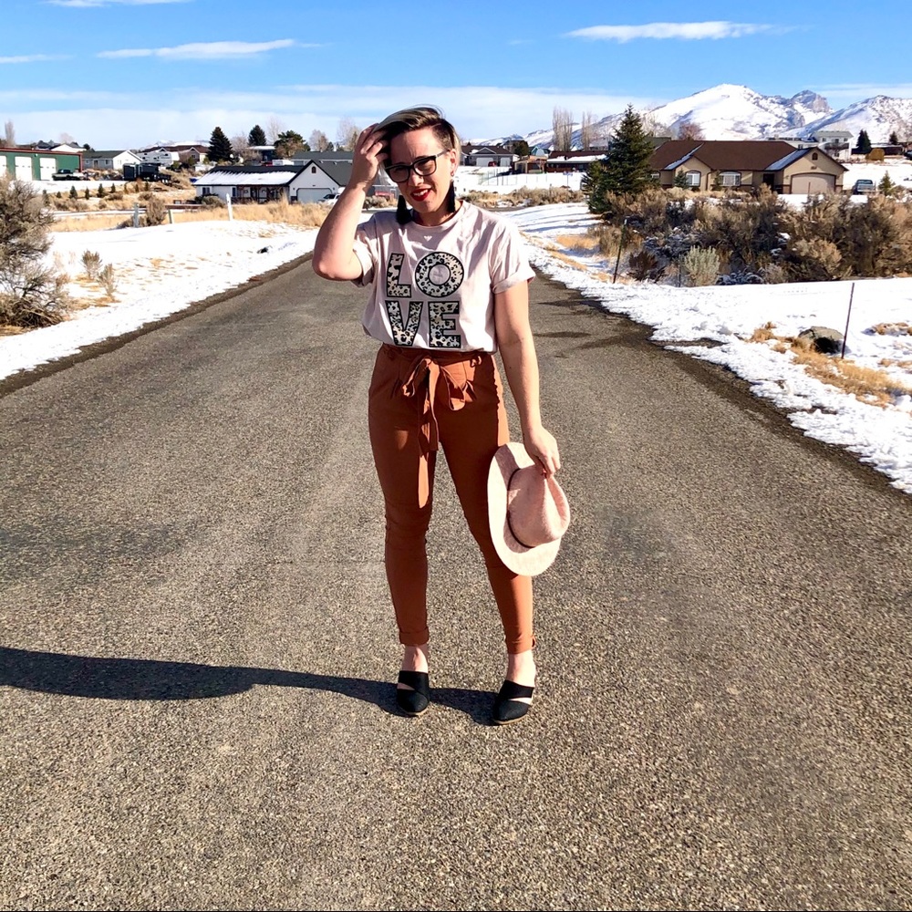 New! Skinny High Waist Paper Bag Pants in Copper - Picture 6 of 16